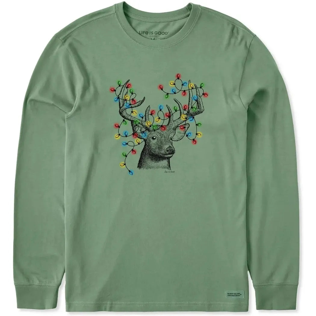 Life is Good Men's Buck Head Xmas Lights Long Sleeve Crusher Tee-Men's - Clothing - Tops-Life is Good-Granite Green-M-Appalachian Outfitters