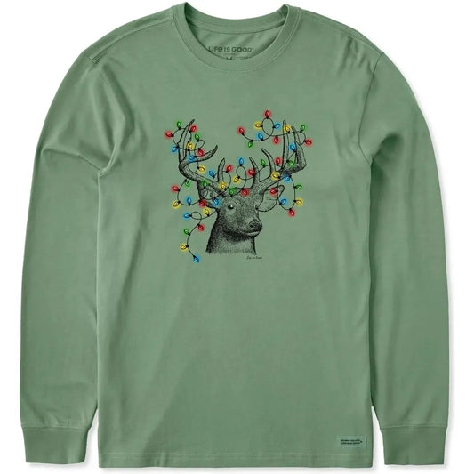 Life is Good Men's Buck Head Xmas Lights Long Sleeve Crusher Tee-Men's - Clothing - Tops-Life is Good-Granite Green-M-Appalachian Outfitters