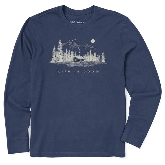 Life is Good Men's Cabin Escape Long Sleeve Crusher Tee-Men's - Clothing - Tops-Life is Good-Darkest Blue-M-Appalachian Outfitters