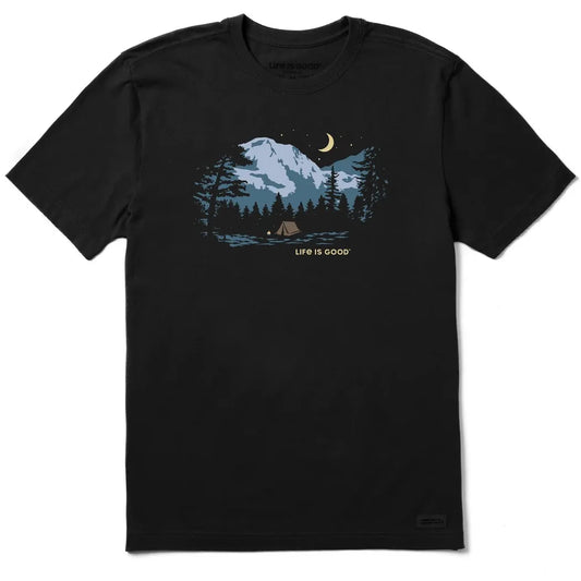 Life is Good Men's Camping Solitude Short Sleeve Crusher Tee-Men's - Clothing - Tops-Life is Good-Faded Black-M-Appalachian Outfitters