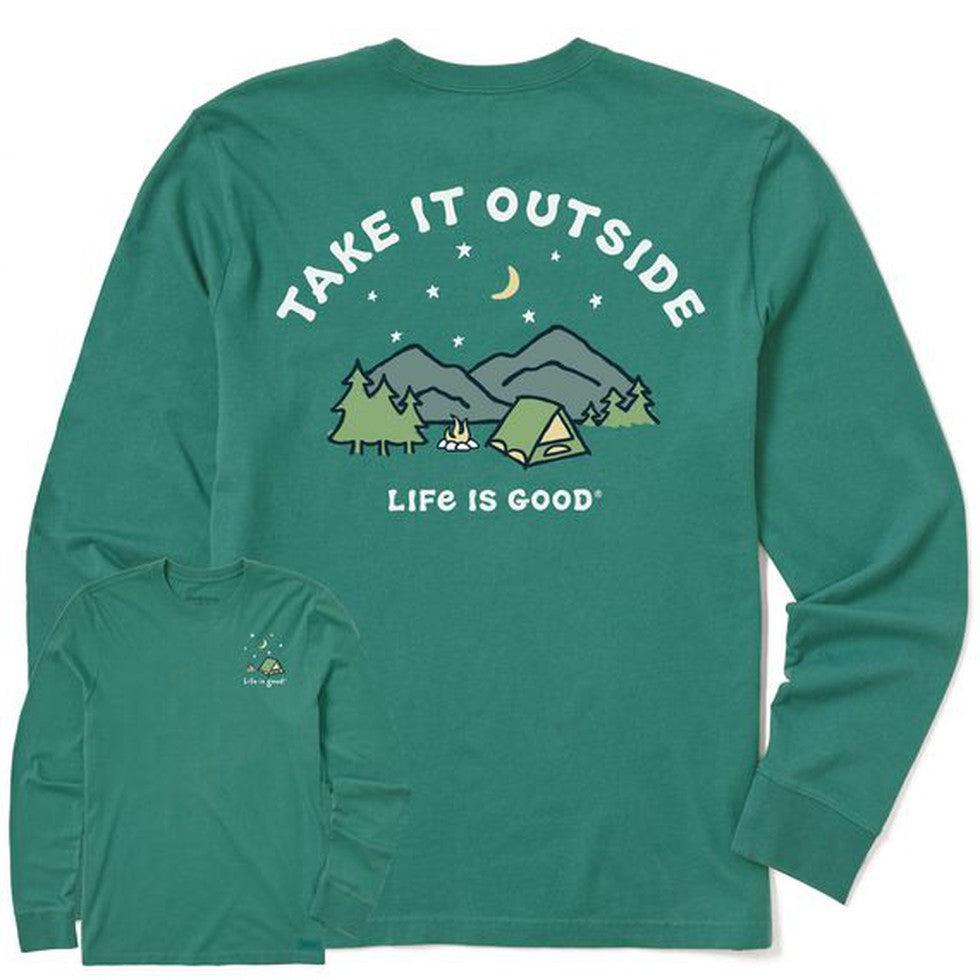 Men's Long Sleeve Crusher-Lite Tee Take It Outside Camping-Men's - Clothing - Tops-Life is Good-Spruce Green-M-Appalachian Outfitters