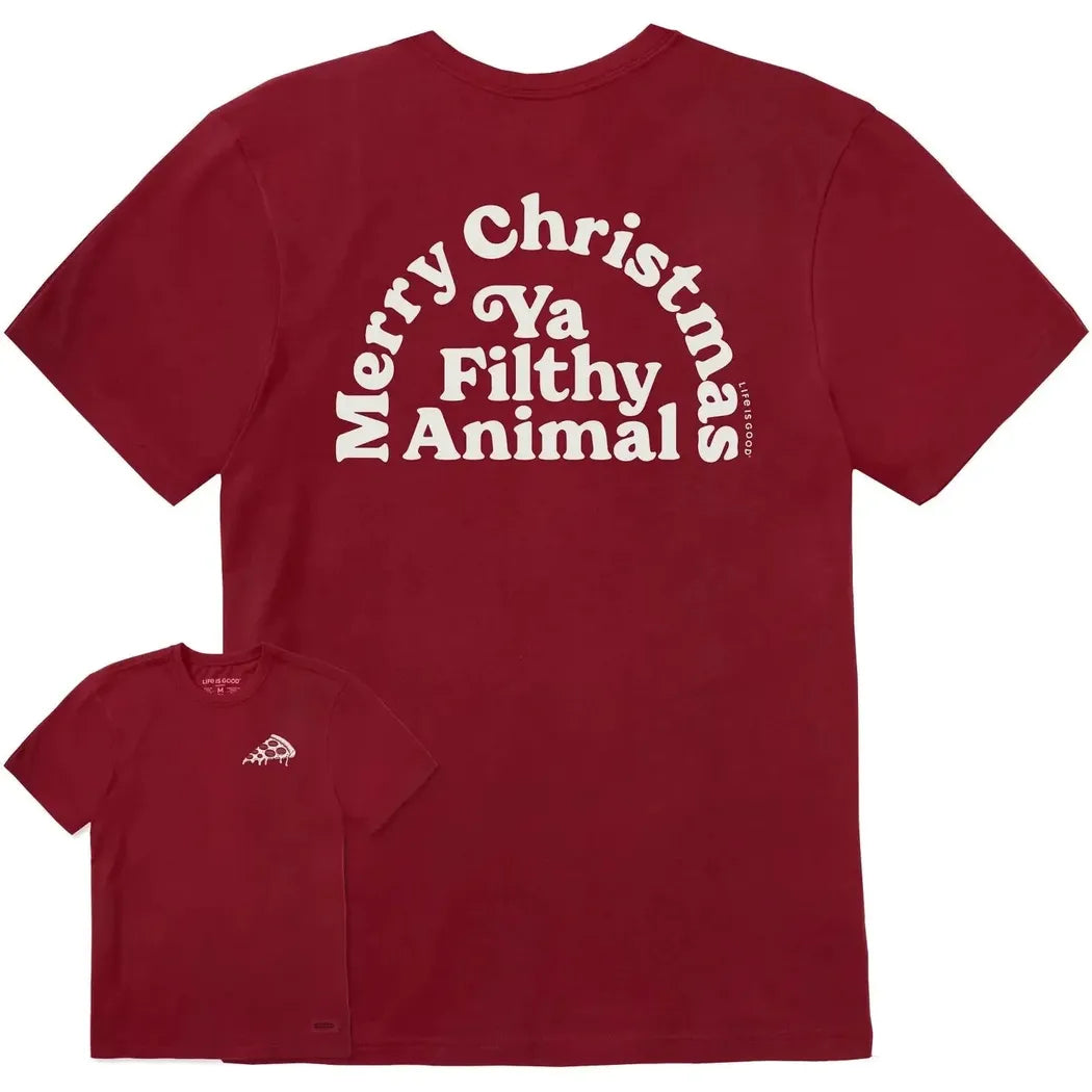 Life is Good Men's Merry Christmas Ya Filthy Animal Short Sleeve Crusher Tee-Men's - Clothing - Tops-Life is Good-Adirondack Red-S-Appalachian Outfitters