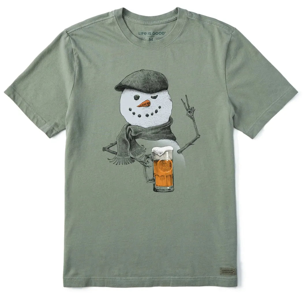 Life is Good Men's Peaceful Snowman w Beer Short Sleeve Crusher Tee-Men's - Clothing - Tops-Life is Good-Heather Gray-M-Appalachian Outfitters