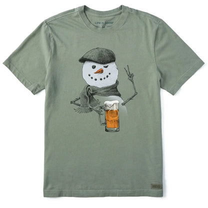 Life is Good Men's Peaceful Snowman w Beer Short Sleeve Crusher Tee-Men's - Clothing - Tops-Life is Good-Heather Gray-M-Appalachian Outfitters