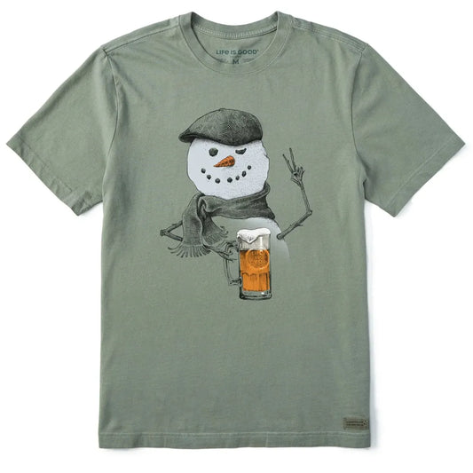 Life is Good Men's Peaceful Snowman w Beer Short Sleeve Crusher Tee-Men's - Clothing - Tops-Life is Good-Heather Gray-M-Appalachian Outfitters