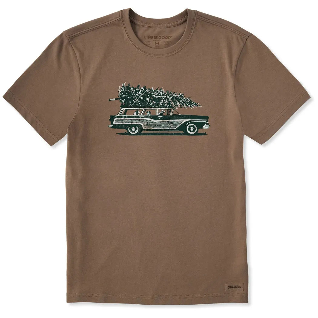 Life is Good Men's Photo Christmas Tree Wagon Short Sleeve Crusher Tee-Men's - Clothing - Tops-Life is Good-Mushroom Brown-M-Appalachian Outfitters