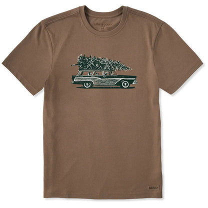 Life is Good Men's Photo Christmas Tree Wagon Short Sleeve Crusher Tee-Men's - Clothing - Tops-Life is Good-Mushroom Brown-M-Appalachian Outfitters