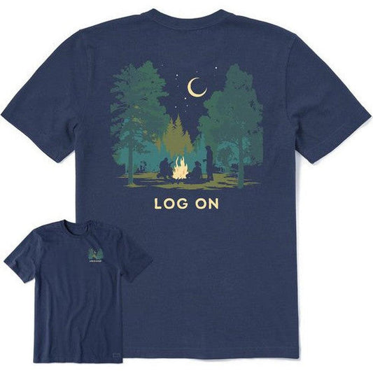 Life is Good Men's Short Sleeve Log On Campfire-Men's - Clothing - Tops-Life is Good-Darkest Blue-M-Appalachian Outfitters