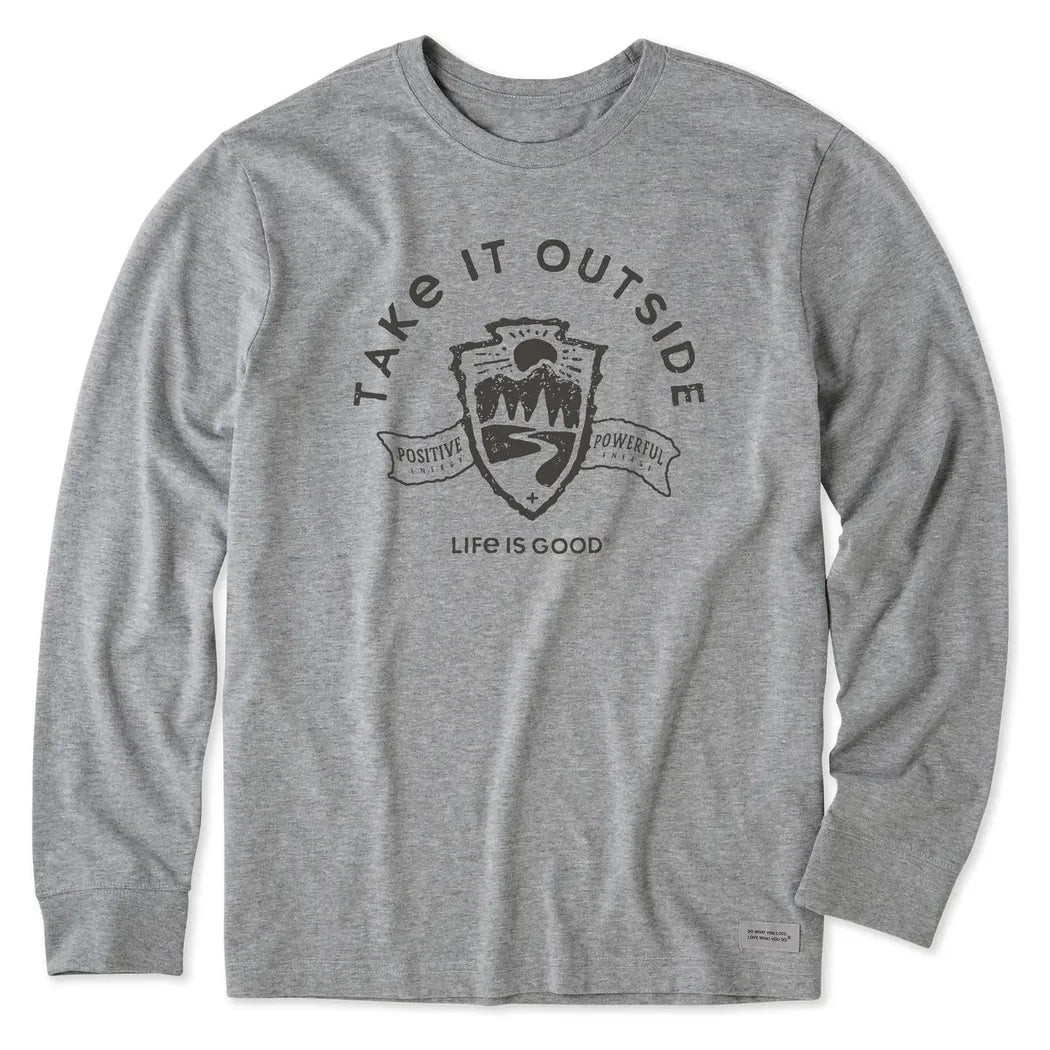 Life is Good Men's Take It Outside Emblem Long Sleeve-Men's - Clothing - Tops-Life is Good-Heather Gray-M-Appalachian Outfitters