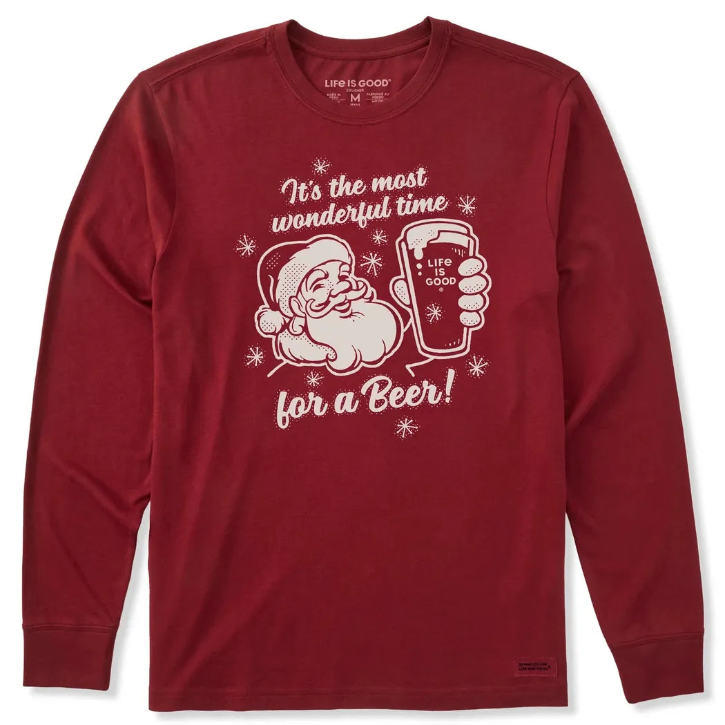 Life is Good Men's Time for a Beer Santa Long Sleeve Crusher Tee-Men's - Clothing - Tops-Life is Good-Adirondack Red-M-Appalachian Outfitters