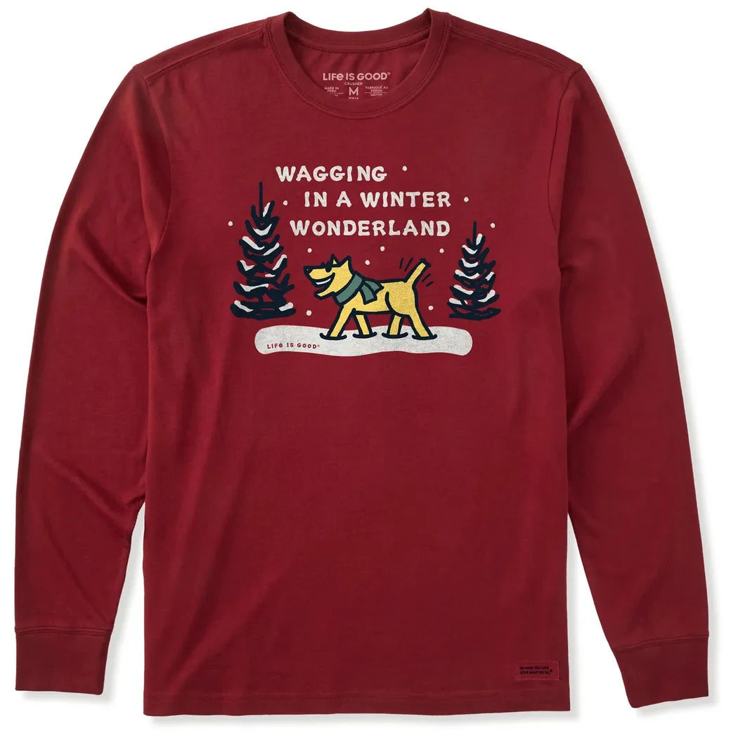 Life is Good Men's Wagging Wonderland Rocket Long Sleeve Crusher Tee-Men's - Clothing - Tops-Life is Good-Adirondack Red-M-Appalachian Outfitters