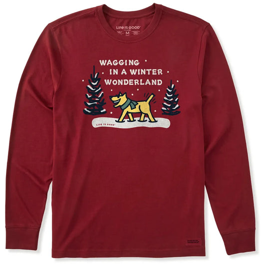 Life is Good Men's Wagging Wonderland Rocket Long Sleeve Crusher Tee-Men's - Clothing - Tops-Life is Good-Adirondack Red-M-Appalachian Outfitters