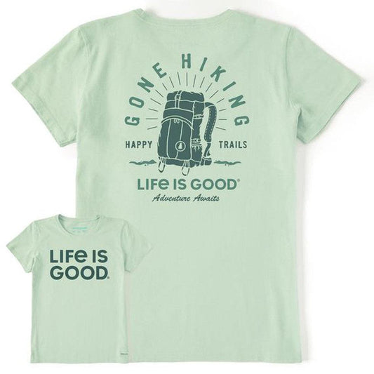 Life is Good Woman's Happy Trails Hiking Pack Crusher Tee-Women's - Clothing - Tops-Life is Good-Sage Green-M-Appalachian Outfitters