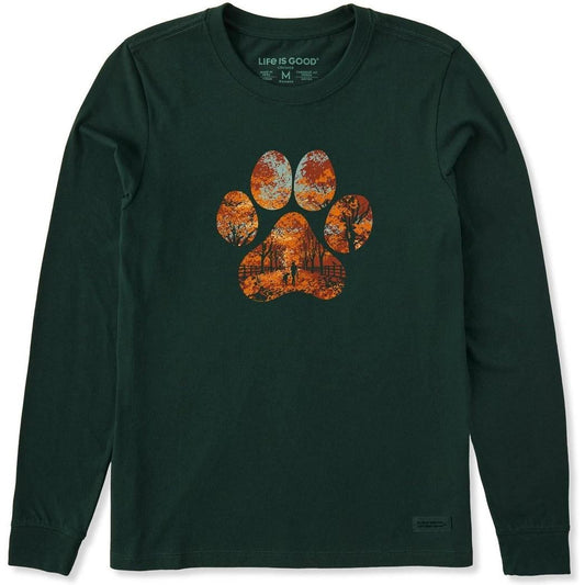 Life is Good Women's Autumn Dog Walk Long Sleeve Crusher Tee-Women's - Clothing - Tops-Life is Good-Treeline Green-S-Appalachian Outfitters