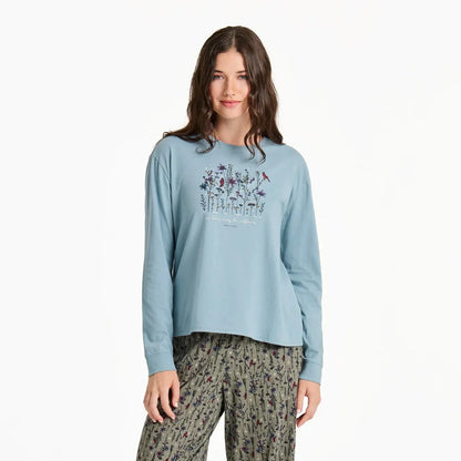 Life is Good Women's Cardinal Wildflowers Long Sleeve Snuggle Up Sleep Tee-Women's - Clothing - Tops-Life is Good-Smoky Blue-S-Appalachian Outfitters
