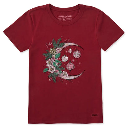 Life is Good Women's Christmas Ornament Moon Short Sleeve Crusher Tee-Women's - Clothing - Tops-Life is Good-Adirondack Red-S-Appalachian Outfitters