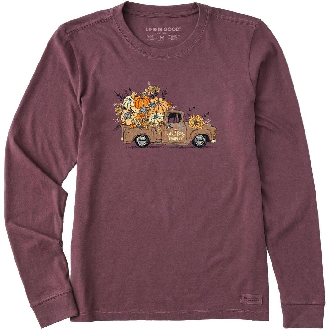 Life is Good Women's Fall Flowers & Pumpkins Pickup Long Sleeve Crusher Tee-Women's - Clothing - Tops-Life is Good-Appalachian Outfitters