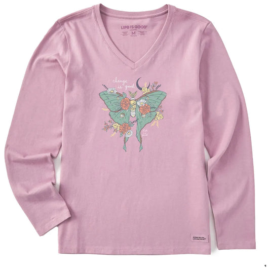 Life is Good Women's Fall Luna Moth Long Sleeve Crusher Vee-Women's - Clothing - Tops-Life is Good-Violet Purple-S-Appalachian Outfitters