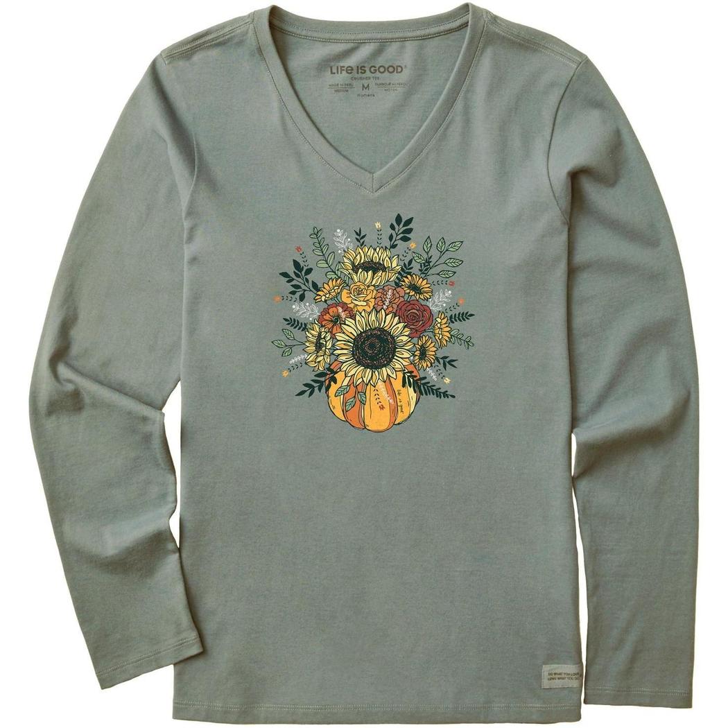 Life is Good Women's Fall Pumpkin Flowers Long Sleeve Crusher Vee-Women's - Clothing - Tops-Life is Good-Appalachian Outfitters