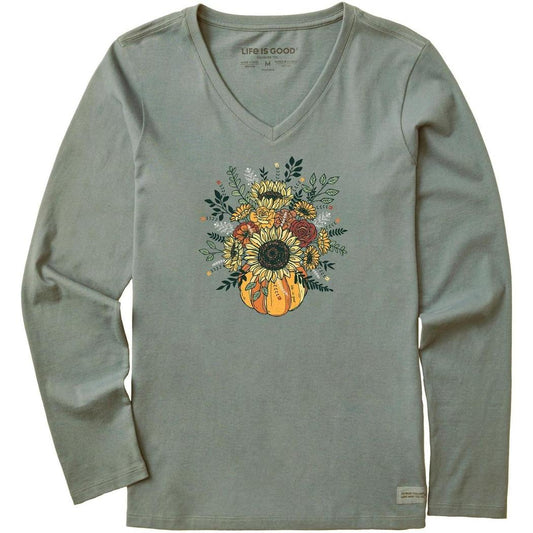 Life is Good Women's Fall Pumpkin Flowers Long Sleeve Crusher Vee-Women's - Clothing - Tops-Life is Good-Appalachian Outfitters