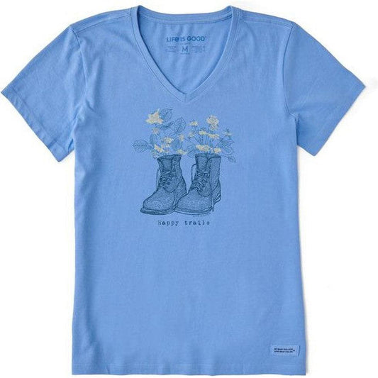 Women's Happy Trails Engraved Boots-Women's - Clothing - Tops-Life is Good-Cornflower Blue-M-Appalachian Outfitters