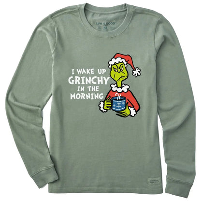 Life is Good Women's I Wake Up Grinchy in the Morning Long Sleeve Crusher Tee-Women's - Clothing - Tops-Life is Good-Moss Green-S-Appalachian Outfitters