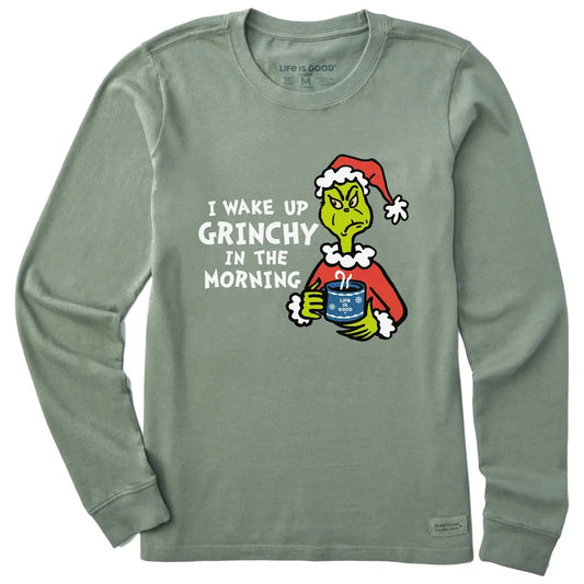 Life is Good Women's I Wake Up Grinchy in the Morning Long Sleeve Crusher Tee-Women's - Clothing - Tops-Life is Good-Moss Green-S-Appalachian Outfitters