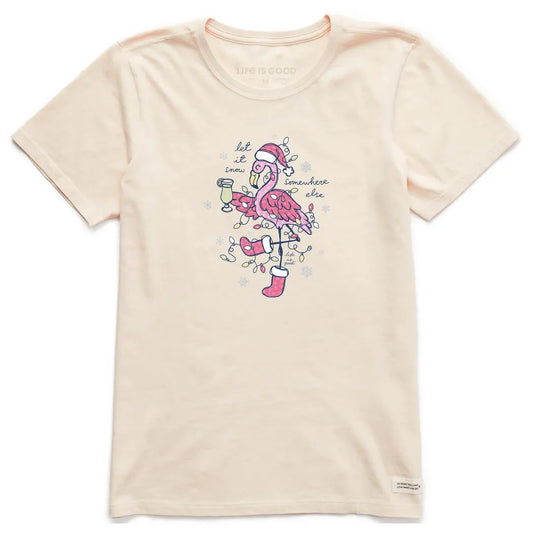 Life is Good Women's Let It Snow Flamingo Short Sleeve Crusher Tee-Women's - Clothing - Tops-Life is Good-Putty White-S-Appalachian Outfitters