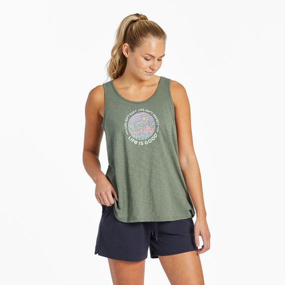 Life is Good Women's Life Isn't Perfect Woodblock Mountains Textured Slub Tank-Women's - Clothing - Tops-Life is Good-Moss Green-S-Appalachian Outfitters