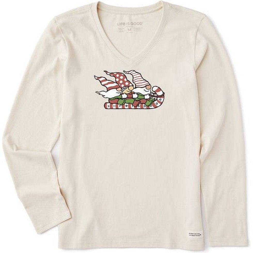 Women's Long Sleeve Crusher Vee Gnome Toboggan Ride-Women's - Clothing - Tops-Life is Good-Putty White-S-Appalachian Outfitters