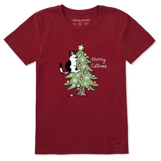Life is Good Women's Merry Catmas Climber Short Sleeve Crusher Tee-Women's - Clothing - Tops-Life is Good-Adirondack Red-S-Appalachian Outfitters