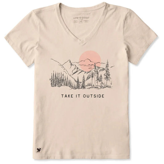Life is Good Women's Mountain Trees Sketch Short Sleeve Crusher-LITE Vee-Women's - Clothing - Tops-Life is Good-Appalachian Outfitters