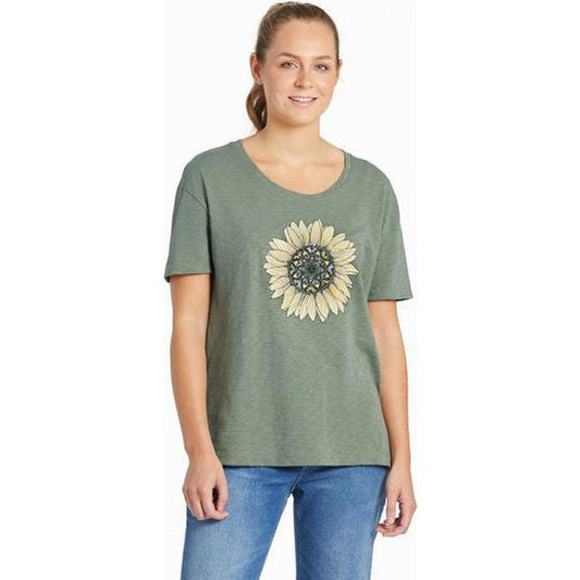 Life is Good Women's Short Sleeve Detailed Sunflower Relaxed Fit-Women's - Clothing - Tops-Life is Good-Moss Green-S-Appalachian Outfitters
