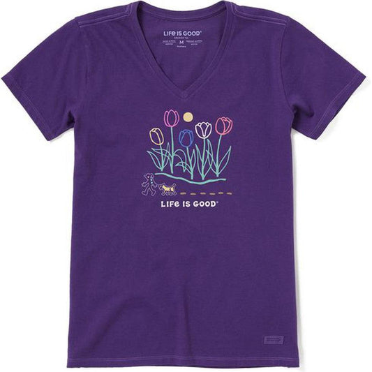 Life is Good Women's Short Sleeve Vee Hiking Past Tulips-Women's - Clothing - Tops-Life is Good-Deep Purple-S-Appalachian Outfitters