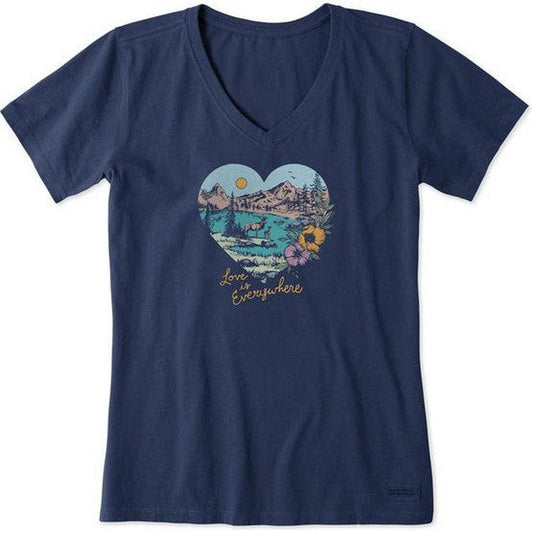 Life is Good Women's Short Sleeve Vee Scenic Heart Love Is Everywhere-Women's - Clothing - Tops-Life is Good-Darkest Blue-S-Appalachian Outfitters