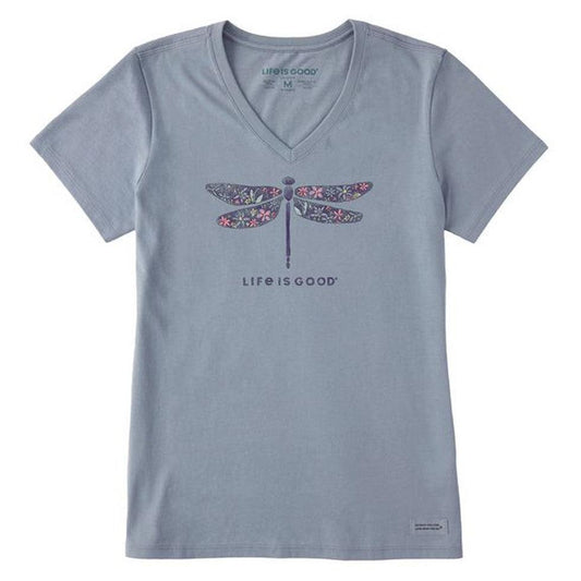 Life is Good Women's Short Sleeve Vee Wildflowers Drangonfly Watercolor-Women's - Clothing - Tops-Life is Good-Stone Blue-S-Appalachian Outfitters