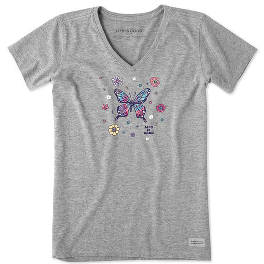 Life is Good Women's Tie Dye Retro Butterfly Flowers-Women's - Clothing - Tops-Life is Good-Heather Gray-S-Appalachian Outfitters