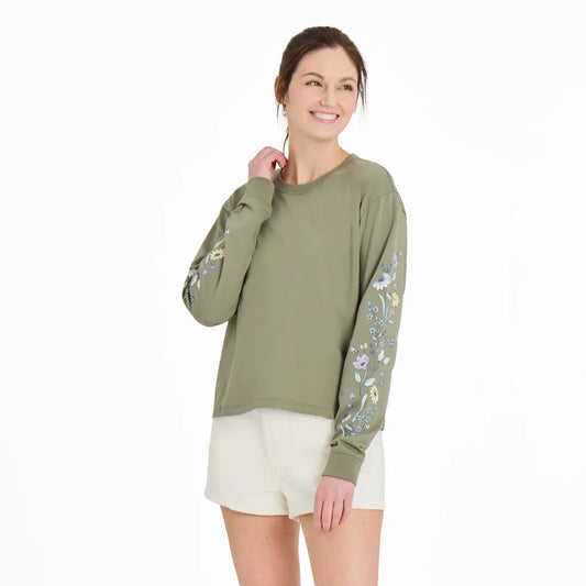 Life is Good Women's Wildflowers and Bees Long Sleeve Crusher Boxy Tee-Women's - Clothing - Tops-Life is Good-Appalachian Outfitters