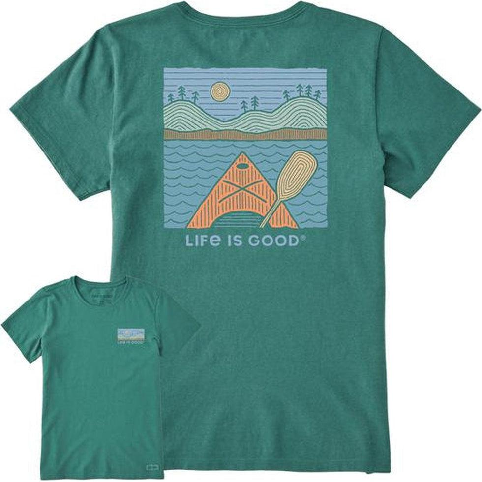Women's Woodblock Kayak Short Sleeve Crusher-Women's - Clothing - Tops-Life is Good-Spruce Green-S-Appalachian Outfitters