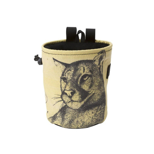 A front view of the Metolius Wildlife Comp Bobcat chalk bag showing the detailed bobcat print and black straps against a white background.