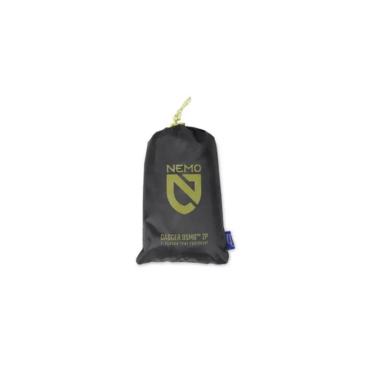A black NEMO Dagger OSMO 2p Footprint bag with a yellow logo and drawstring top against a white background.