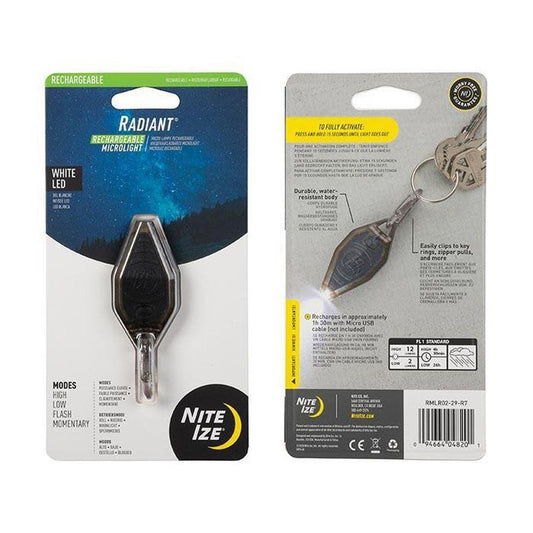 Front and back packaging of the Nite Ize Radiant Rechargeable Microlight with a starry night background on the front.