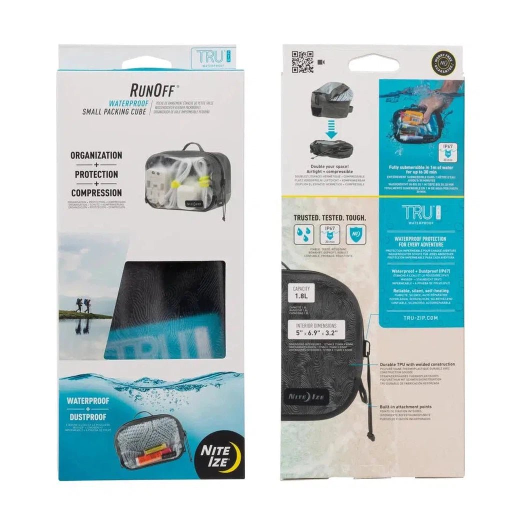 Back and front packaging of the Nite Ize RunOff Waterproof Small Packing Cube showing its features and a model using it.