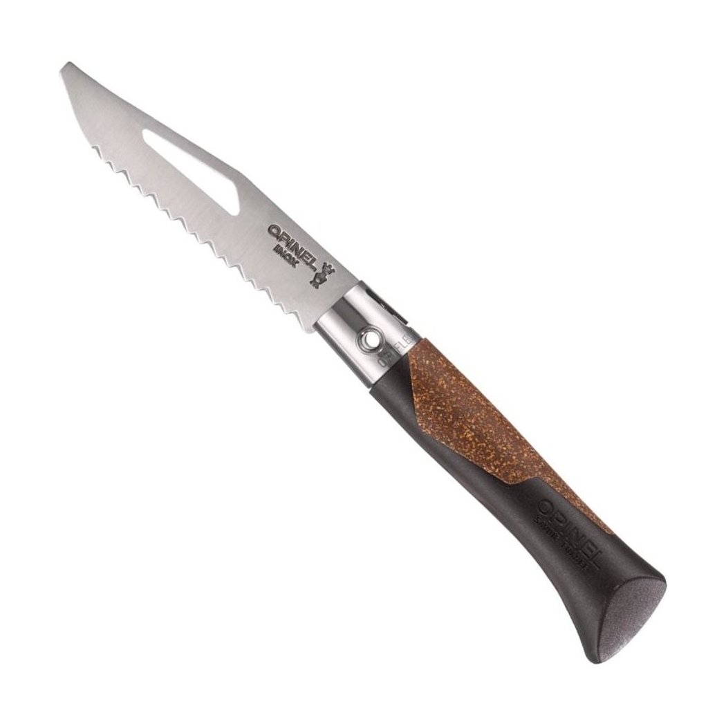 Close-up of the Opinel Néo7 Alpine Folding Knife in Neo7 Black showing its serrated blade and textured handle against a white background.