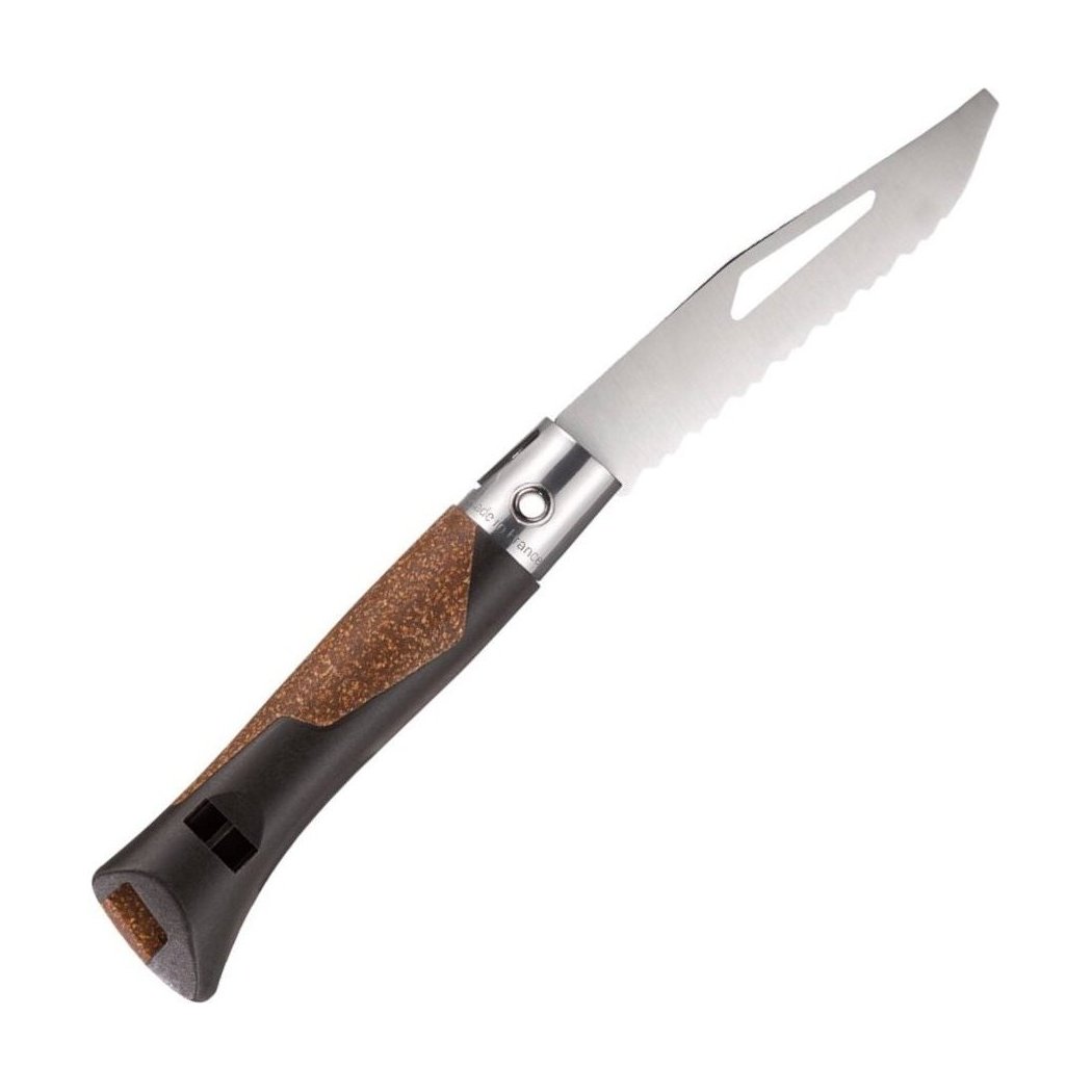 Close-up of the Opinel Néo7 Alpine Folding Knife in Neo7 Black showing its serrated blade and textured handle against a white background.