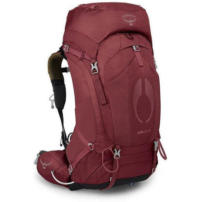 A front view of the Osprey Aura AG 50 backpack in Berry Sorbet Red with visible straps and buckles against a white background.