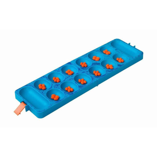 A blue Outside Inside Backpack Mancala game with orange pieces, shown from a side angle against a white background.