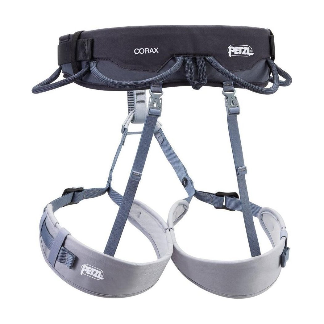 A front view of the Petzl Corax dark gray climbing harness with padded leg loops and a black waistbelt, photographed against a white background.
