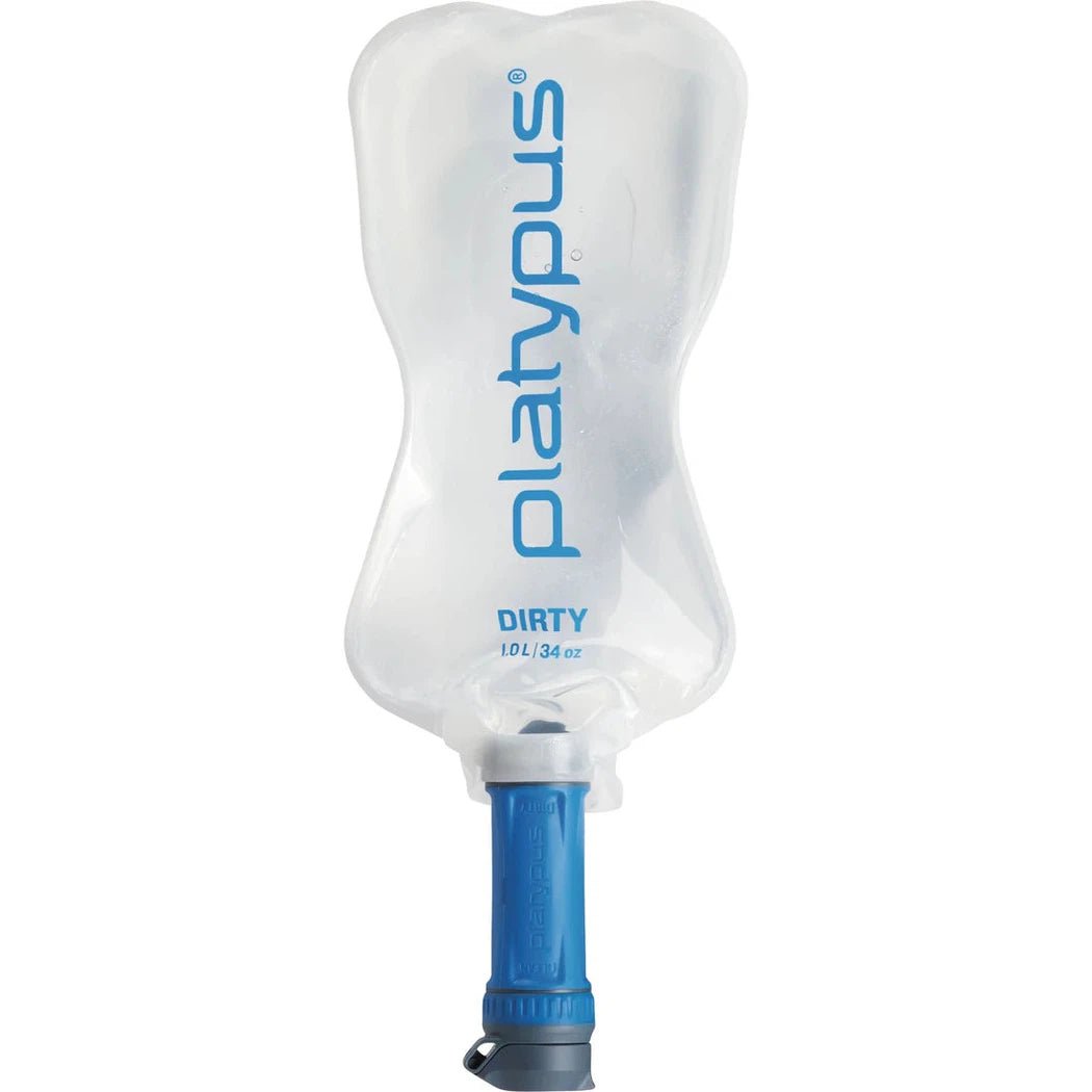 A front view of the Platypus 1L Quickdraw hydration bladder with a blue tube and white background.
