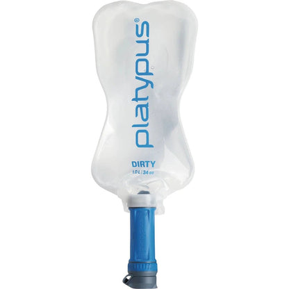 A front view of the Platypus 1L Quickdraw hydration bladder with a blue tube and white background.